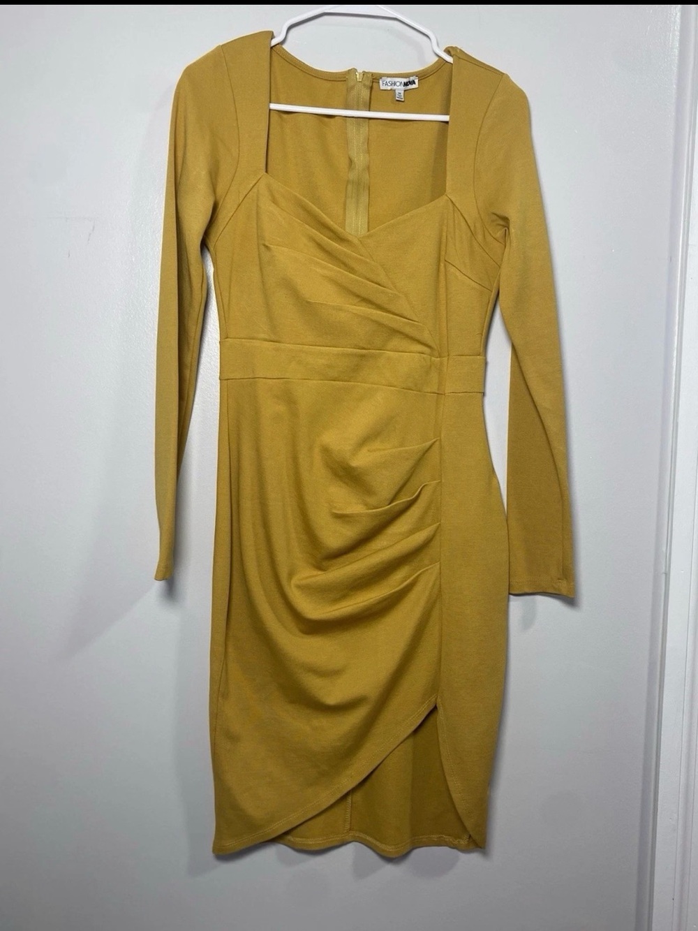 Fashion Nova Woman's Bodycon Dress Snapped Ruched Sexy Mustard Yellow Hem Medium